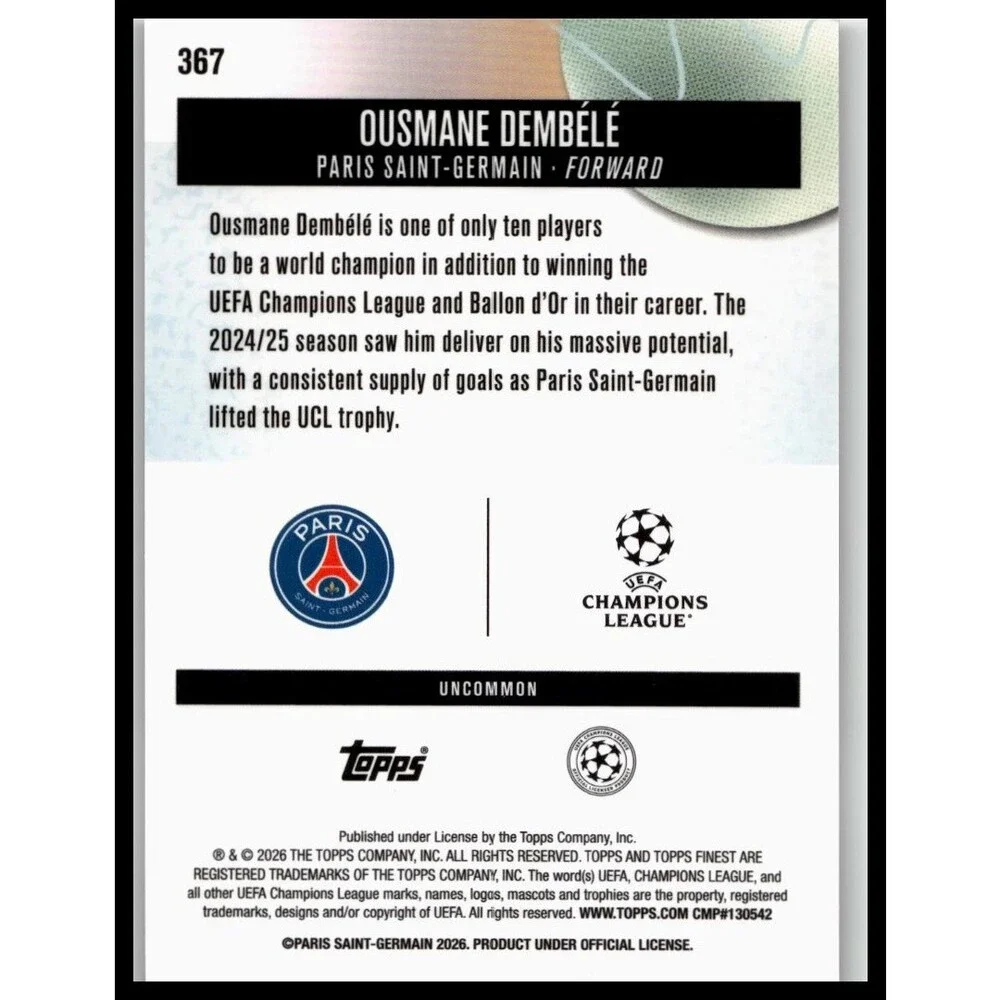 2025-26 Finest UEFA Ousmane Dembélé #367 Paris Saint-Germain Uncommon